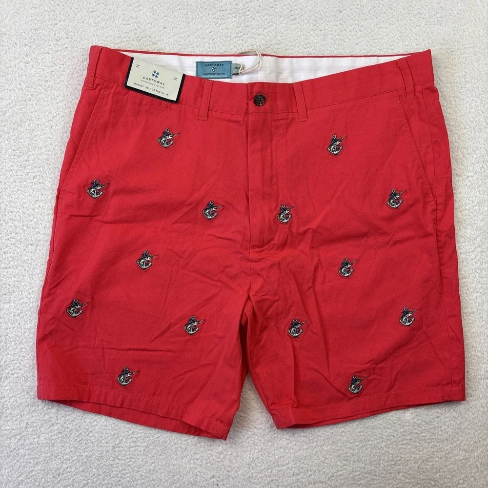 NEW CASTAWAY NANTUCKET Mens Chino Shorts Size 38 Embroidered Anchor Fish Preppy